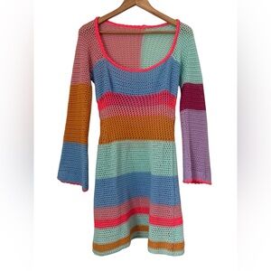 Colorful Striped Y2K Open Knit Crochet Bell Sleeve Fairy Dress Whimsical Beach